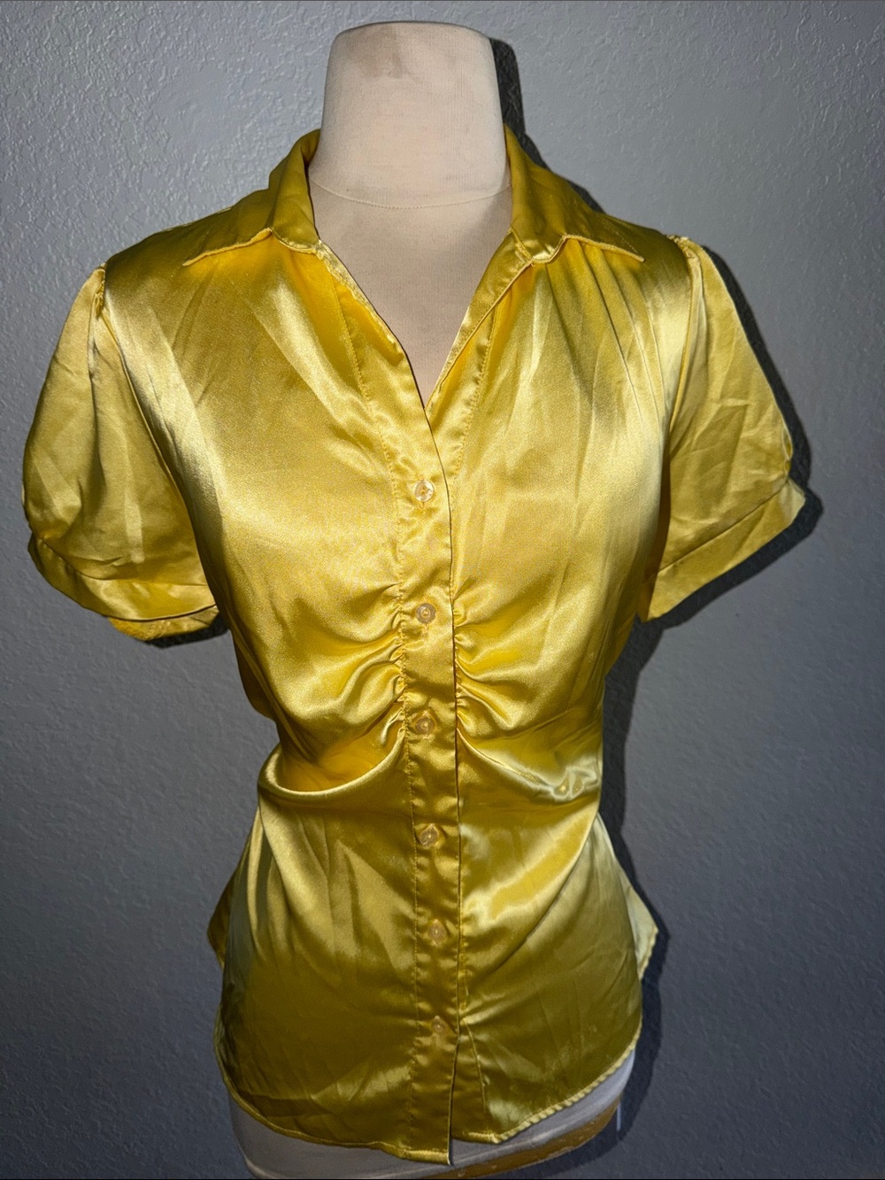 Yellow Satin Short Sleeve Ruched Button-Down Blouse